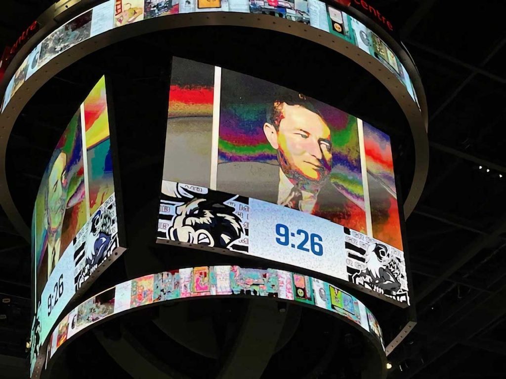 Sir William Stephenson on the Canada Life Center Jumbotron.