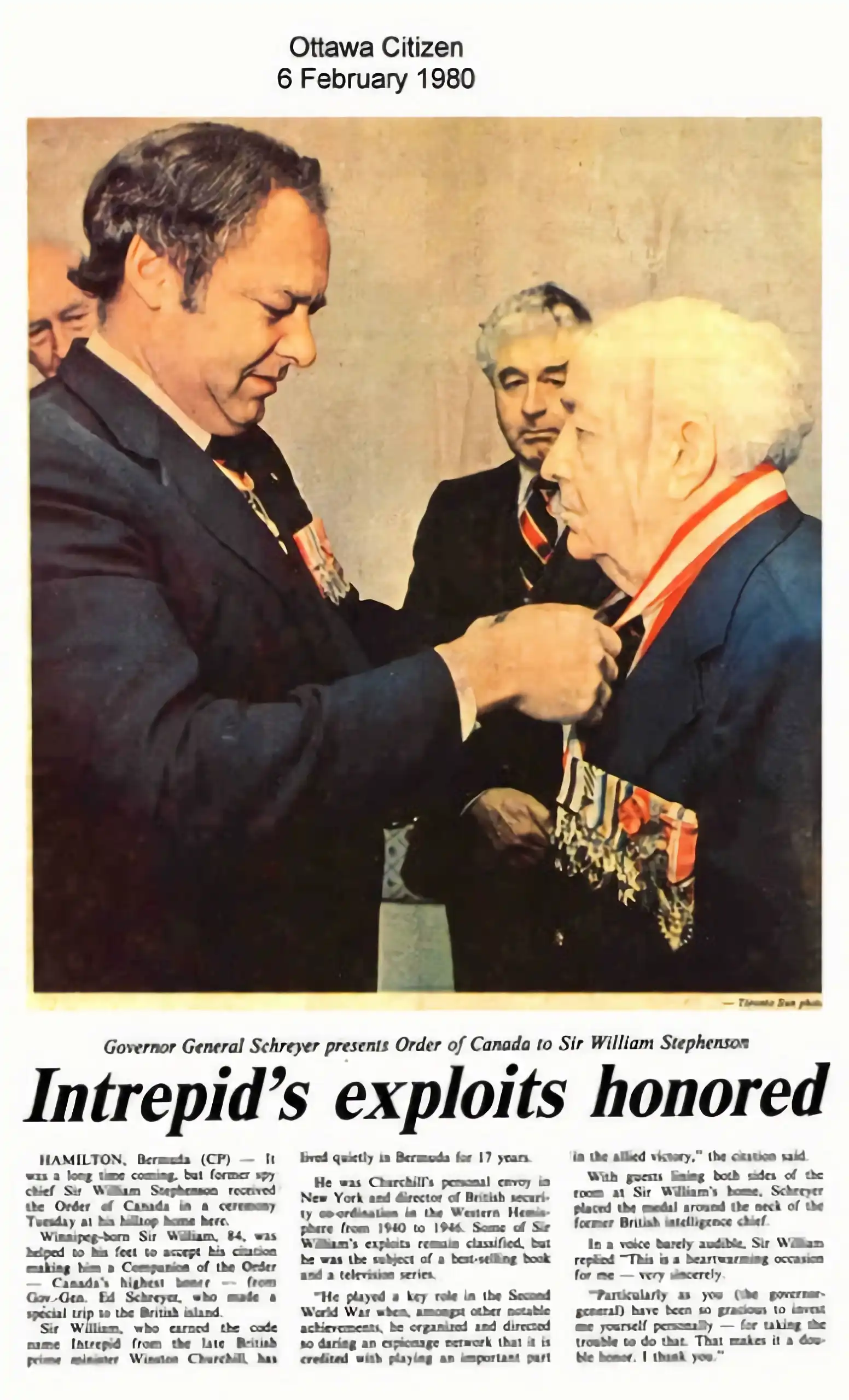 Governer General Schreyer presents Order of Canada to Will Stephenson Feb 6 1980.