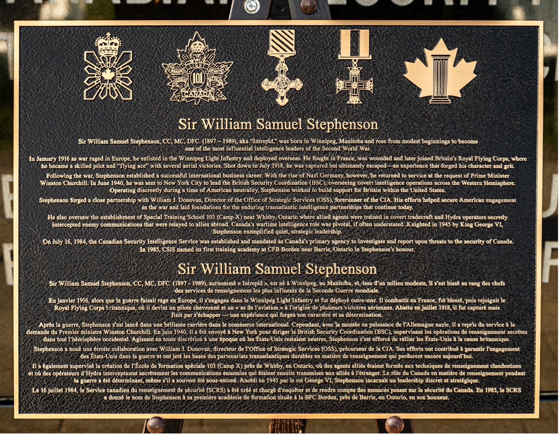 CSIS National Memorial Cemetery Plaque, Sir William Stephenson